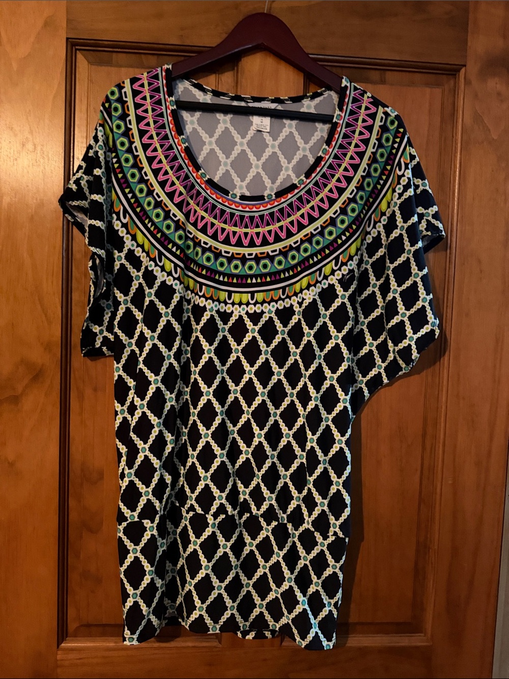 Trina Turk Black Scoop Neck  Swimming Suit Cover with Multicolor Geometric Yoke
